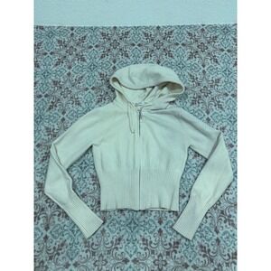 Sweet Envy Cream Knit Zip Up Hoodie Cropped Ribbed Sweater Womens Large